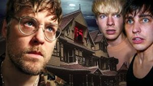 A photo of Garett Watts and Sam and Colby Infront of the Winchester House