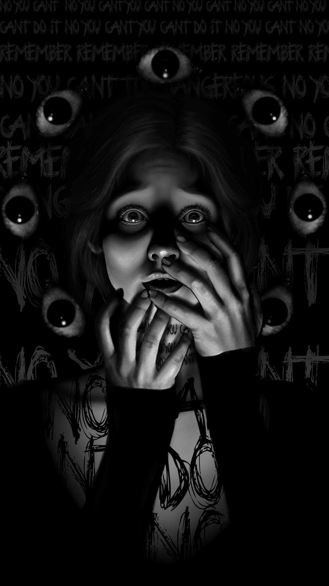 Black and white photo of a woman scared with seven eyes watching behind her