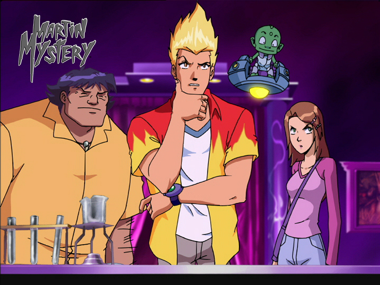 A screenshot from the show Martin Mystery of the Characters Martin, Diana, Java, and Billy