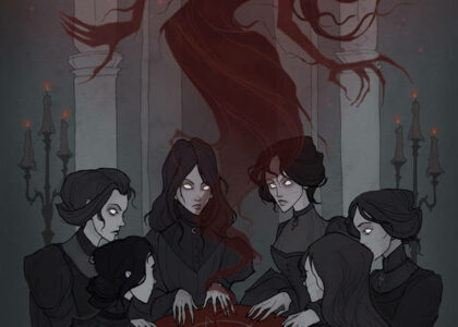 A seance of witches surrounding a pentagram with a red female ghost floating behind them