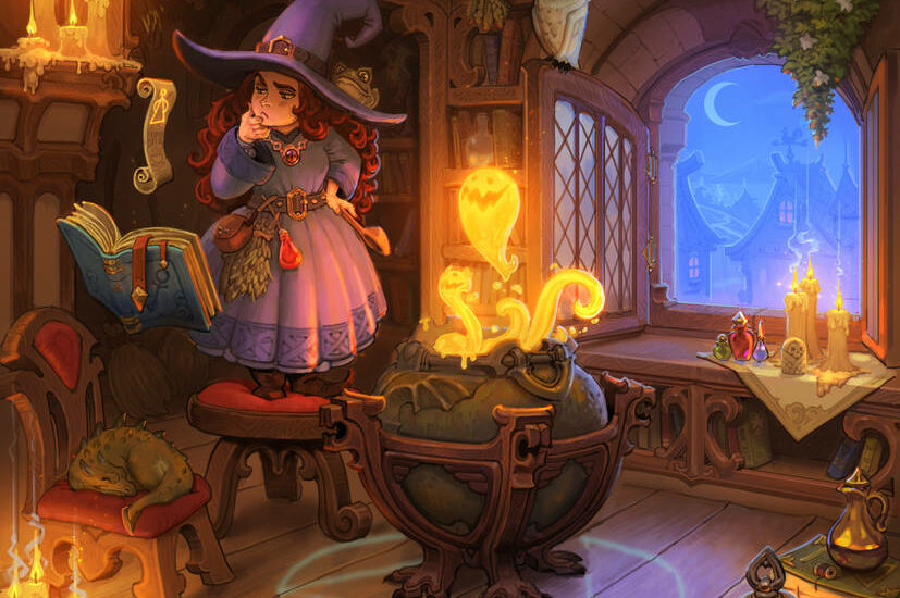 A photo of a purple witch and a floating spell book creating potions