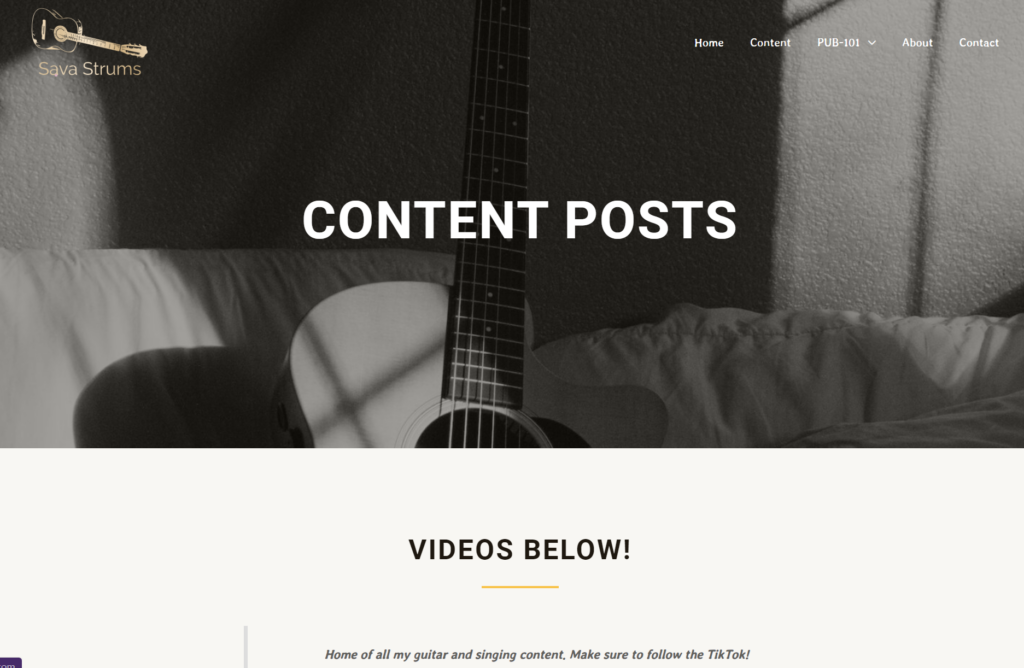 A photo of the content page from the website Sava Strums that is in black and white with a guitar in the background
