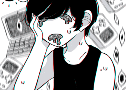 A fan art photo in black and white of the character Omori